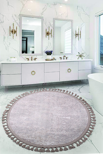 Teksev Nova Brown Στρογγυλό 120x120 cm Pompom με κρόσσια αντιολισθητική βάση ...