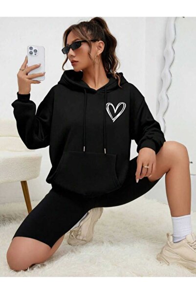 mercoledi Minimal Heart Štampano Crna Sa kapuljačom Kengur džep Unisex Oversi...