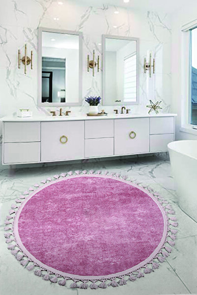 Teksev Nova Powder Round 120x120 Cm Pompom Fringed Non-Slip Base Machine Wash...