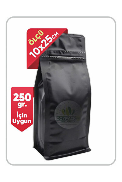 DOYPACK Mat Siyah Kilitli Flat Bottom 10x25 (250 Gr.) - 50 Adet