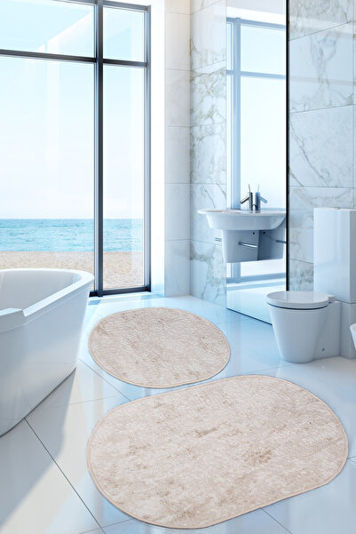 Teksev Nova Cream Oval 60x100 + 50x60 cm Σετ 2 πατάκια μπάνιου Αντιολισθητική βάση που πλένεται σετ καθίσματος τουαλέτας