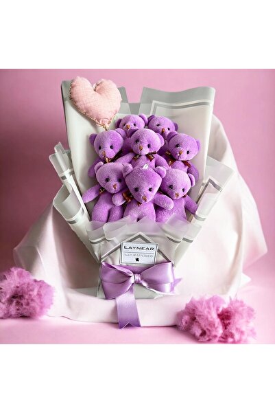 Laynear Premium Mor Peluş Ayıcık Hediye Çiçek Buketi Kalp Yastıklı