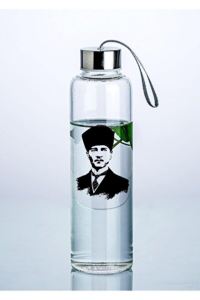 Ayzi Tasarım Atatürk Tasarım Cam Su Şişesi 1 Litre Kılıf Hediyeli
