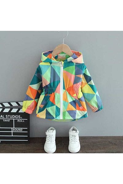Retro Girl's Butterfly Green Geometric Patterned Hooded Raincoat Jacket