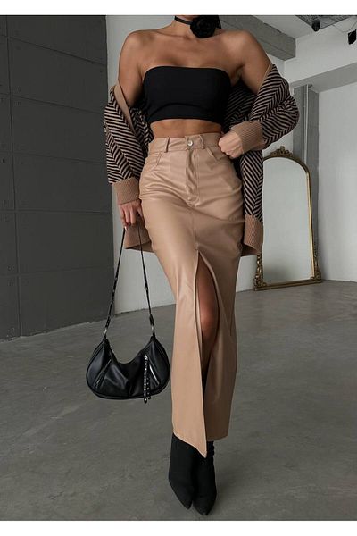 LB Laluna Butik Γυναικεία ψηλόμεση δερμάτινη μακριά φούστα με σκίσιμο μπροστά