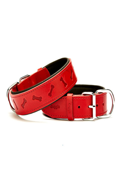 Doggie Kemik Desenli Gerçek Deri Büyük Irk Köpek Boyun Tasması Kırmızı 3,5X47...