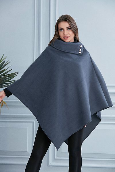 moda biz Women's Stylish Design Poncho with Button Detail on Smoked Collar