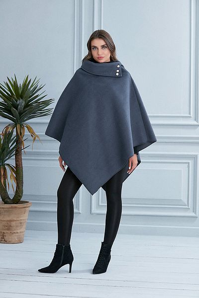 moda biz Women's Stylish Design Poncho with Button Detail on Smoked Collar