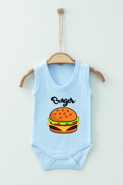 ADABEBEK %100 Pamuk Organik Burger Desenli Askılı Body Badi Bebek Zıbın