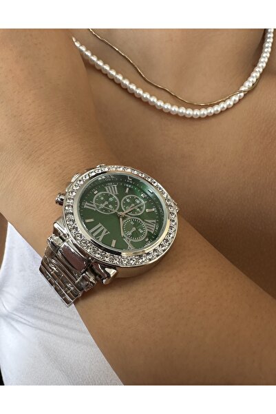 İSTLİV Gümüş Renk Yeşil Kadran Kadın Kol Saati