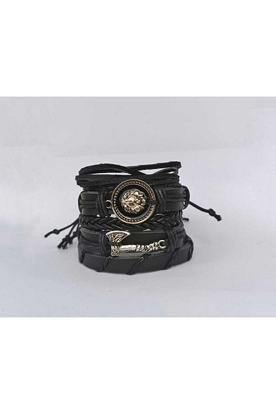 BSN Store Viking Thor 5-Piece Genuine Leather Bracelet with Scandinavian Axe and Lion Head Luck Figure