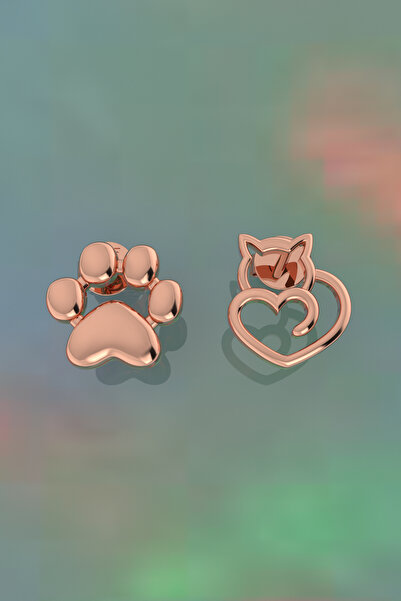 TEK TARZIM TAKI Kedi Pati Kombinli Gümüş Küpe Kedi Pati Figürlü Çocuk Küpesi