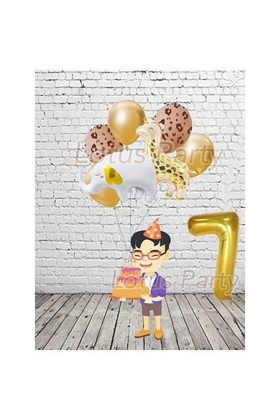 LOTUS PARTY Σετ μπαλονιών με θέμα τα ζώα Safari Age 7 Elephant - Giraffe and Gold Foil Balloon Giraffe Printed Balloon
