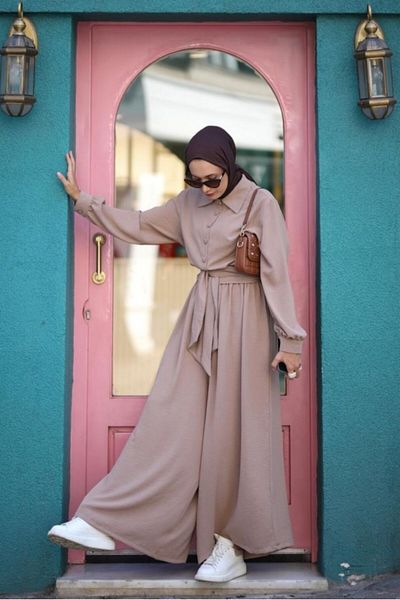 NS Moda Hijab Jumpsuit Belted, Chest Buttoned Mink Model-498