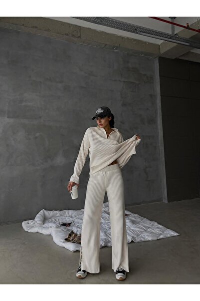 owwon Women's Ribbed High Collar Zippered Leg Slit Side Zipper Ecru Bottom Top Double Knitwear Suit