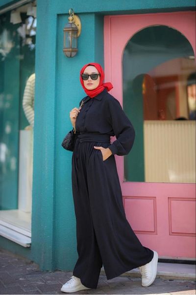 NS Moda Hijab Jumpsuit Belted, Chest Buttoned Black Model-498