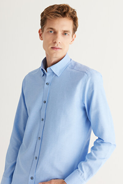 AC&Co / Altınyıldız Classics Чоловіча синя сорочка Оксфорд з бавовняним прихованим коміром на ґудзиках з довгими рукавами, що облягає фігуру