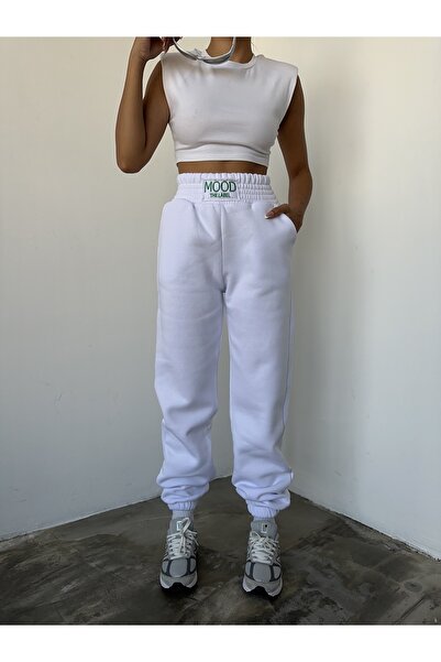 owwon Γυναικείο Αθλητικό Φούτερ σε λευκό χρώμα, άνετη εφαρμογή, ψηλόμεσο, ελαστικό πόδι με τσέπες με 3 νήματα