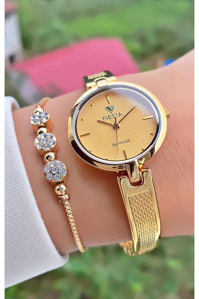 Fiesta Gold Yellow Steel Cord Bridal, Engagement, Wedding Small Case Wrist Watch - Bracelet