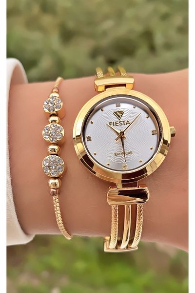 Fiesta Gold Yellow Steel Cord Bridal, Engagement, Wedding Small Case Wrist Watch - Bracelet