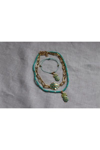 CHIC KALIN GEÇİRMELİ GOLD TASMA ZİNCİR, ANANAS UÇLU 3MM TURKUAZ FİMO BONCUK KOLYE İP BİLEKLİK