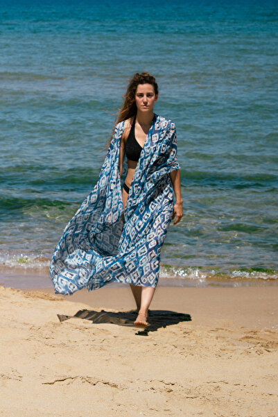 Silk and Cashmere Mavi Jas İpek Desenli Kısa Kollu Uzun Kimono Hırka