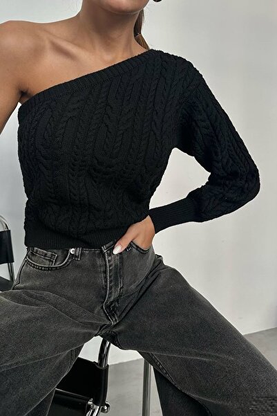 lovebox Pulover de damă negru cu un singur umăr cu mânecă balon 23W16024