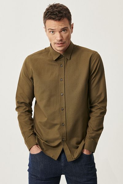 AC&Co / Altınyıldız Classics Ανδρικό Χακί Slim Fit Slim Fit Βαμβακερό κρυφό γιακά με μακρυμάνικο πουκάμισο Oxford