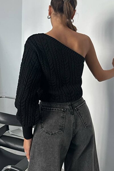 lovebox Pulover de damă negru cu un singur umăr cu mânecă balon 23W16024
