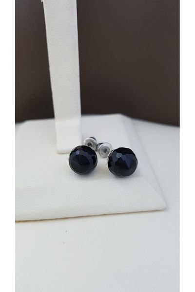 Lenanica Czech Crystal Diamond Cut Black Ball Earrings on Steel