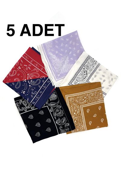Naz İpek Set of 5 100% Cotton Bandana Scarf 55x55cm Wholesale Gift 5 Ethnic Geometric Flowers