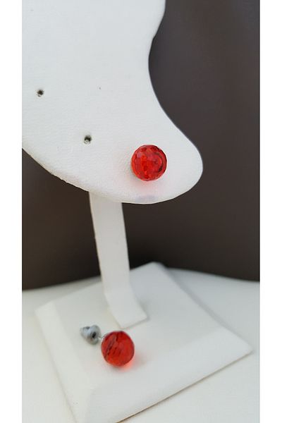 Lenanica Czech Crystal Diamond Cut Fire Red Ball Earrings on Steel
