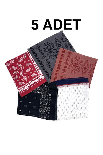 Naz İpek Set of 5 100% Cotton Bandana Scarf 55x55cm Wholesale Gift 5 Ethnic Geometric Flowers