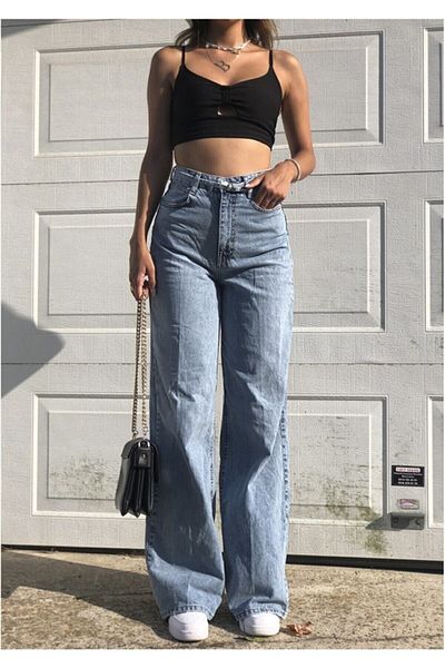 DRC trend Alaska Blue Snow Wash Power Lycra Talie super înaltă Loose Leg Jean Palazzo