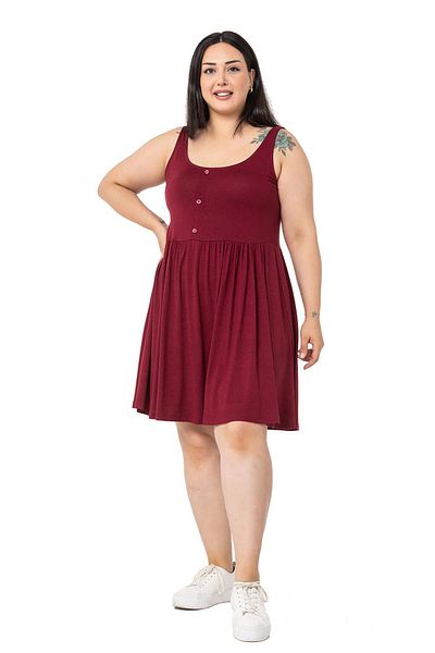 DISENTIS MODEST Rochie Roșu Claret Scurtă De Viscoză Detaliată Naturi Ornamentale Dimensiuni Mari