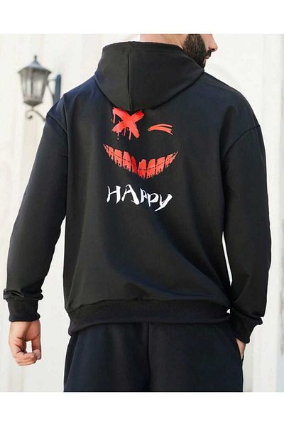 mercoledi Hanorac oversize unisex pentru bărbați cu glugă cu imprimeu Happy Printed