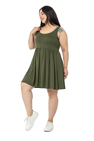 DISENTIS MODEST Κοντό χακί φόρεμα από βισκόζη σε μεγάλο μέγεθος διακοσμητικό με κουμπιά