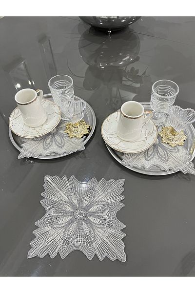 nubu atelier Bougainvillea Model Gray Color Decorative Guipure Lace 6-Piece Coffee Cocktail Presentation Napkin