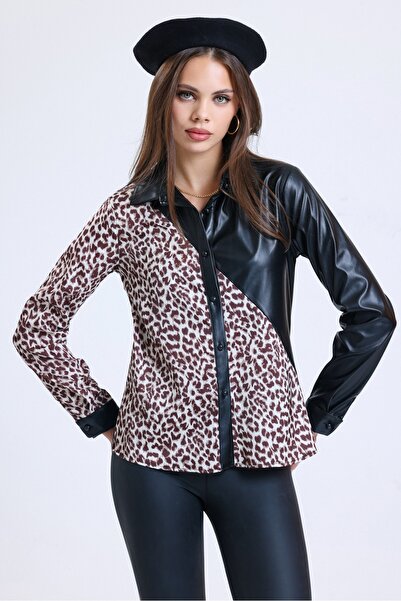 MD trend Γυναικείο δερμάτινο πουκάμισο με σατέν γαρνιρισμένο μπεζ σχέδιο