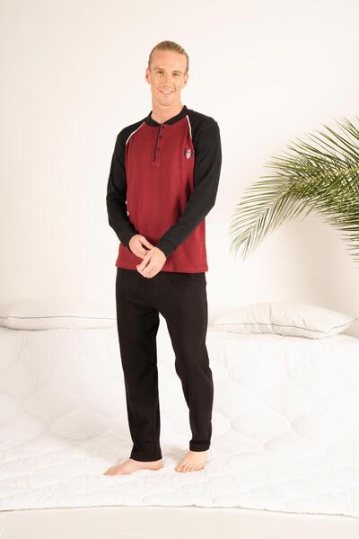 Estiva Men's Winter Three-Button Round Collar Combed Cotton Pajama Set