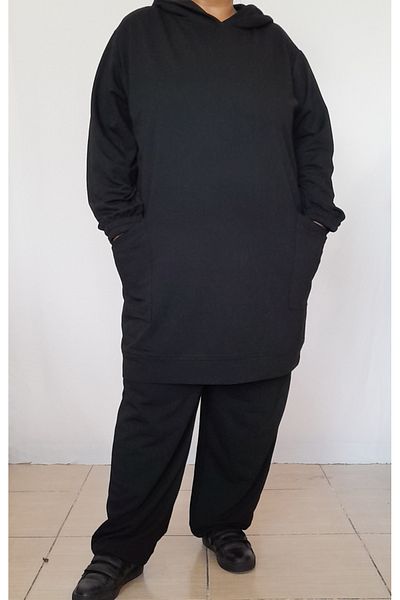 Mertcan Butik Черен сезонен анцуг с качулка и 2 нишки без подплънки
