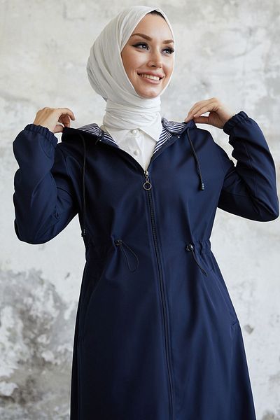 InStyle Layisa Striped Patterned Gathered Waist Trench - Navy Blue