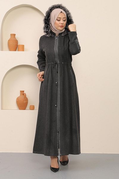 Modamihram Leder-Stash-Mantel mit Reißverschluss, Anthrazit, 12264