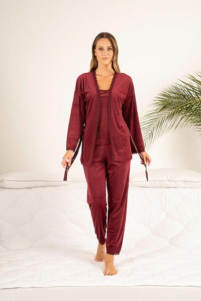 Estiva Women's Winter 3-Piece Dressing Gown Lace Detailed Soft Velvet Pajama Set