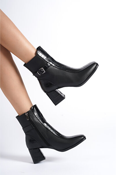 Diardi Kadın Siyah Rengi Kısa Topuklu Timsah Desenli Deri Küt Burun Midi Bot