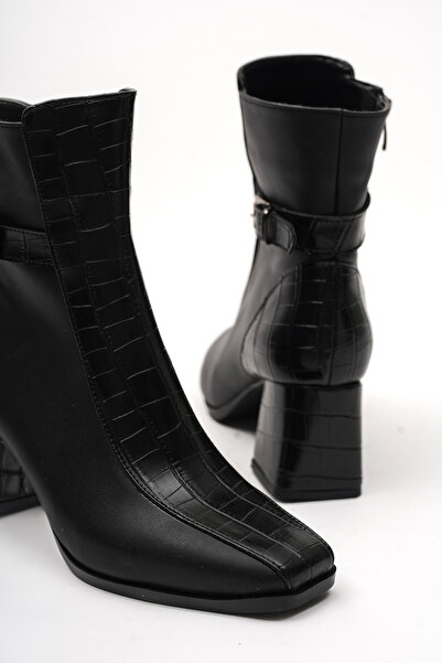 Diardi Kadın Siyah Rengi Kısa Topuklu Timsah Desenli Deri Küt Burun Midi Bot