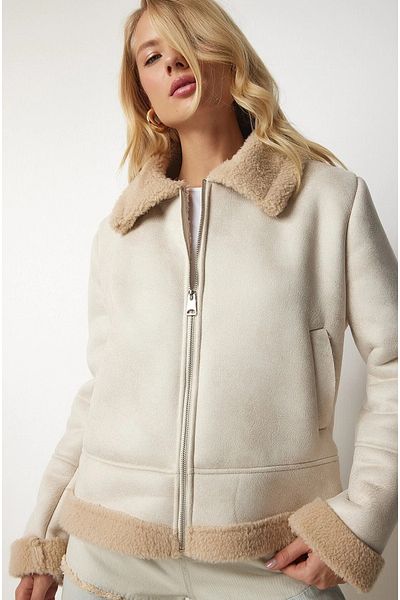 MEECY Cremefarbener Mantel aus Nubukleder mit Plüschdetails für Damen