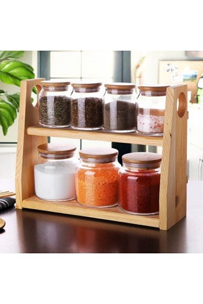 Serin Bardak 8-Piece Spice Rack Set with Wooden Stand, Wooden Lid and Vacuum Glass