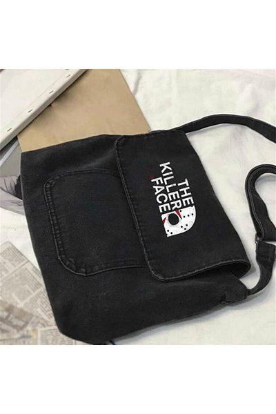 Touz Geantă Messenger din denim gri unisex cu imprimeu The Killer Face