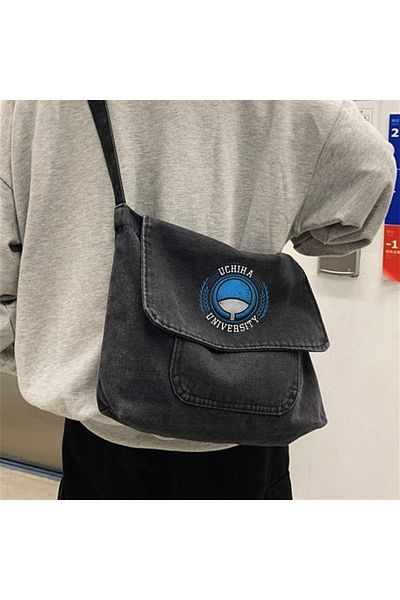 Touz Uchiha University Printed - Geantă Messenger Vintage Unisex Gri Denim